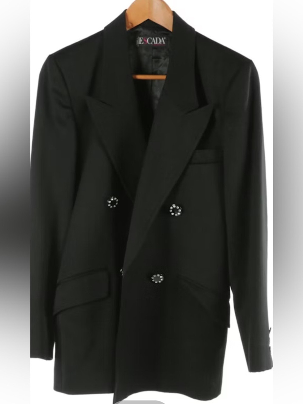 Escada Black Wool Double-Breasted Blazer with Jeweled Buttons
